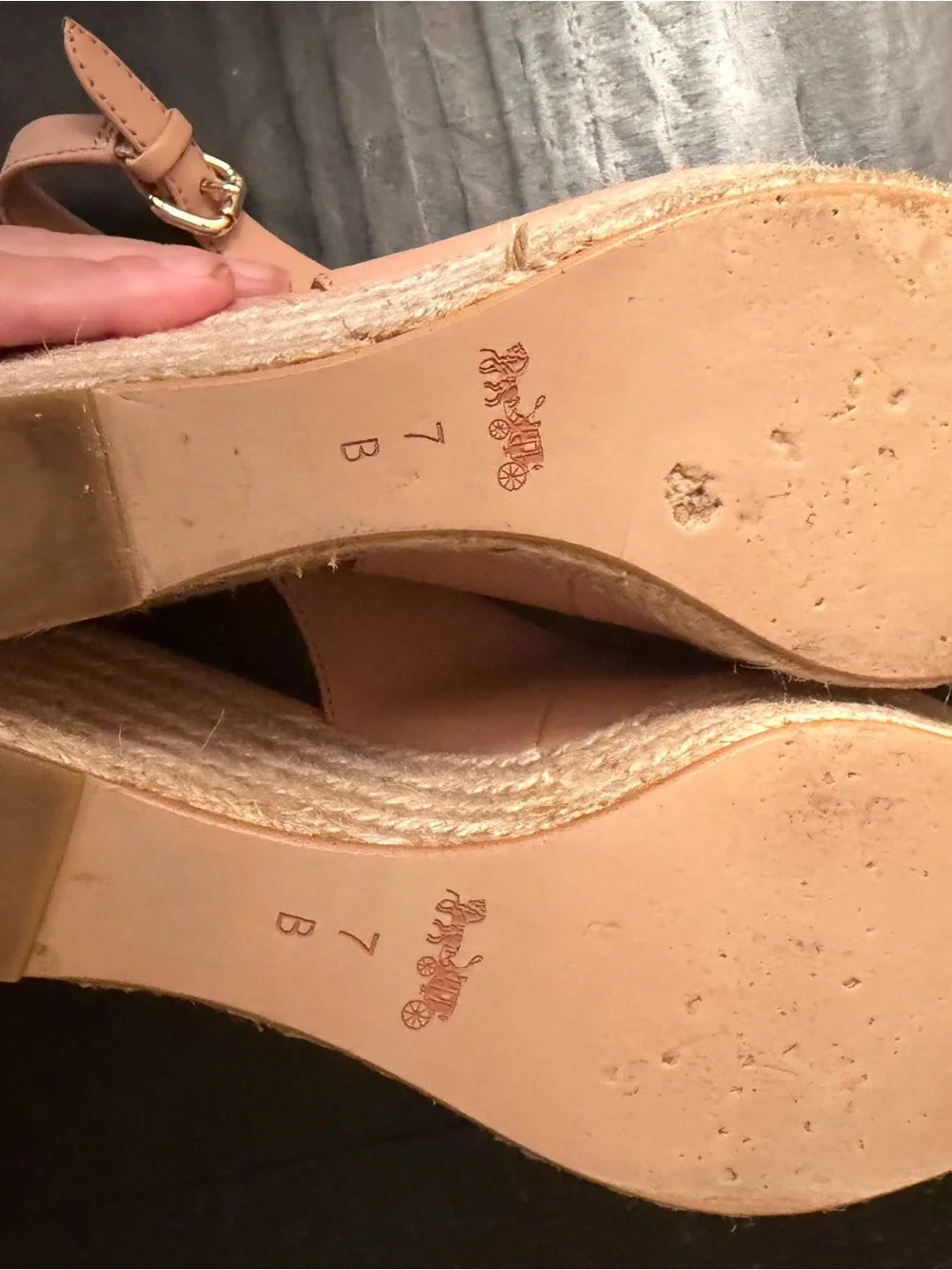 Coach Tan Leather Peep-Toe Slingback Wedges with Gold Logo